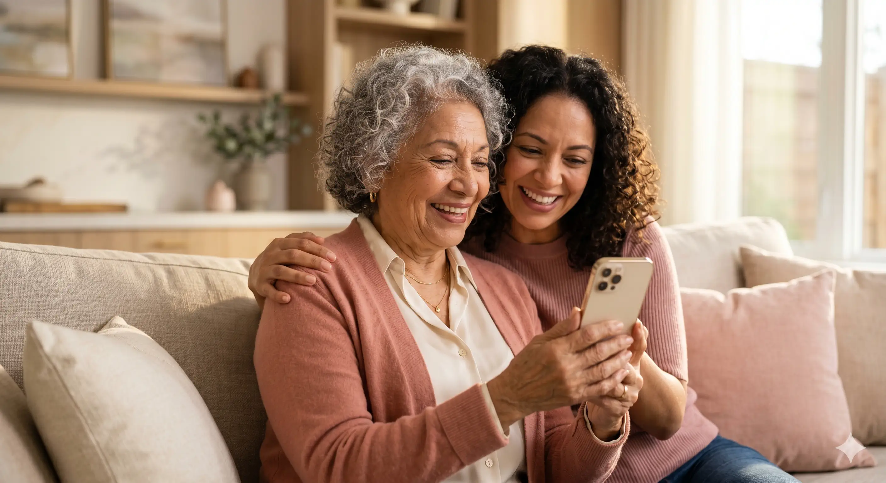 Madre latina sonriendo con su celular