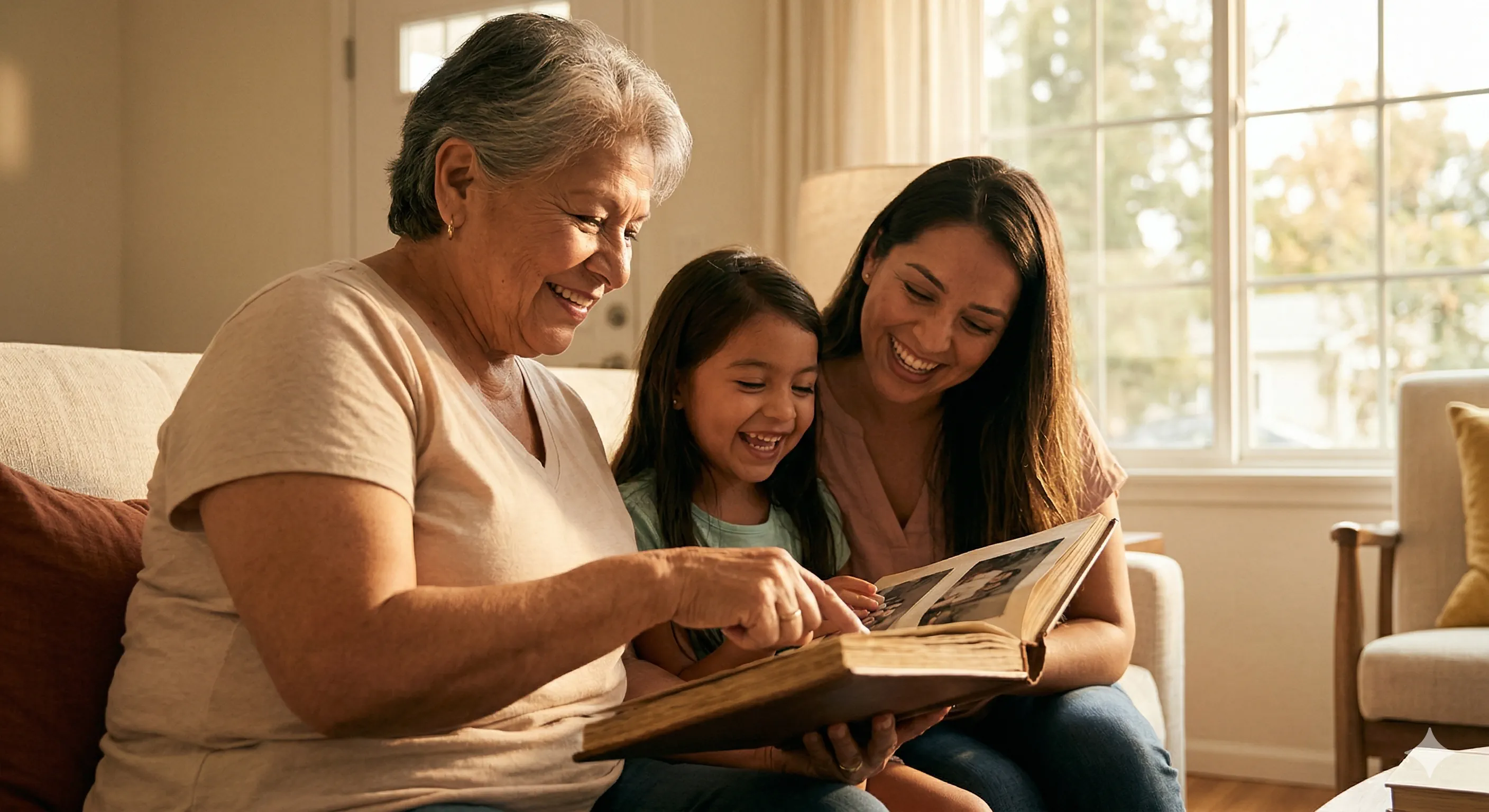 Familia latina riendo y compartiendo historias